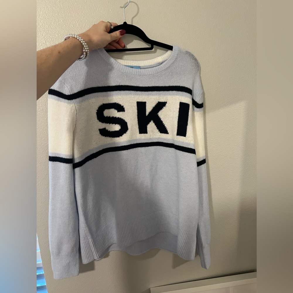 CeCe Light Blue and White 'SKI' Sweater
